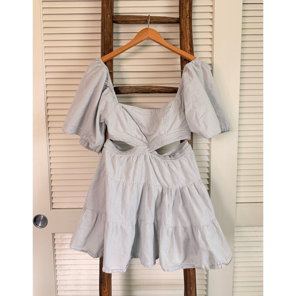 Free People Smocked Cutout Tiered Mini Dress Puff Sleeve Square S - Picture 3 of 6
